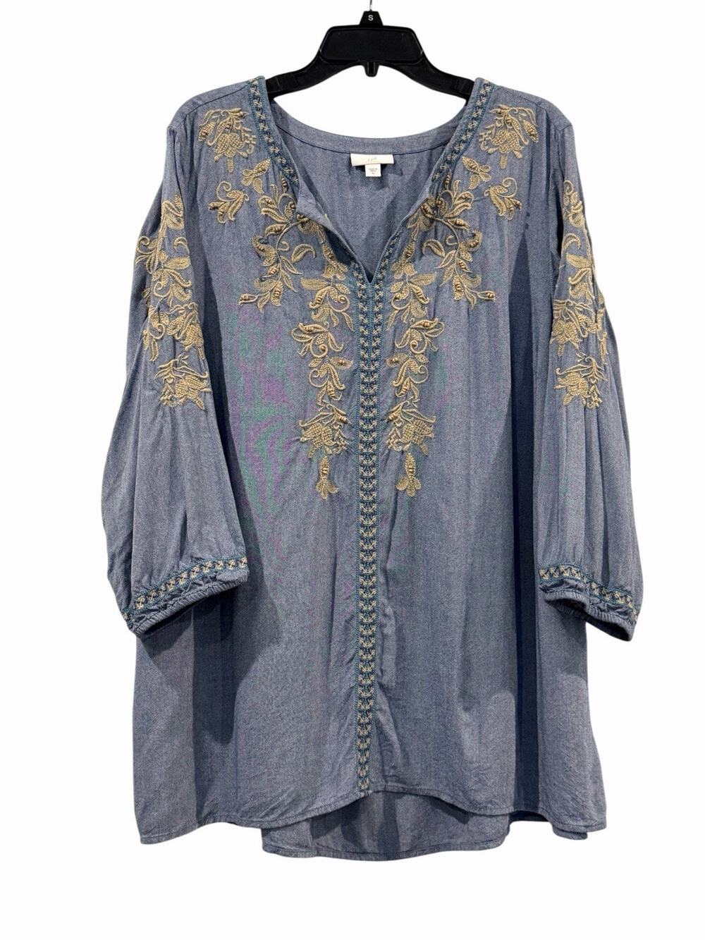 J Jill Blue Chambray Long Sleeve Floral Embroidered Tunic Coastal Boho Art XL